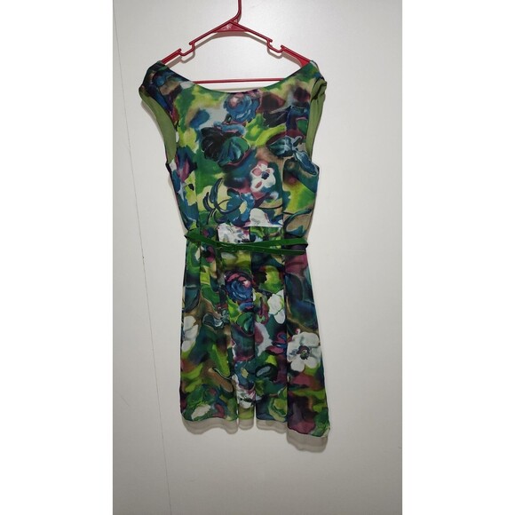 Vintage 80s Danny & Nicole Psychedelic Floral Cocktail Dress Size 10 Green Belt - Picture 1 of 15